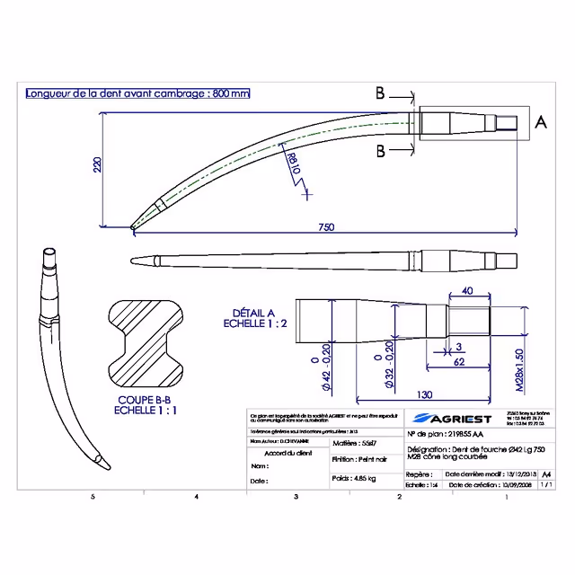 Dent de fourche ø42 lg 750 m28x1.5 cl courbee profil h