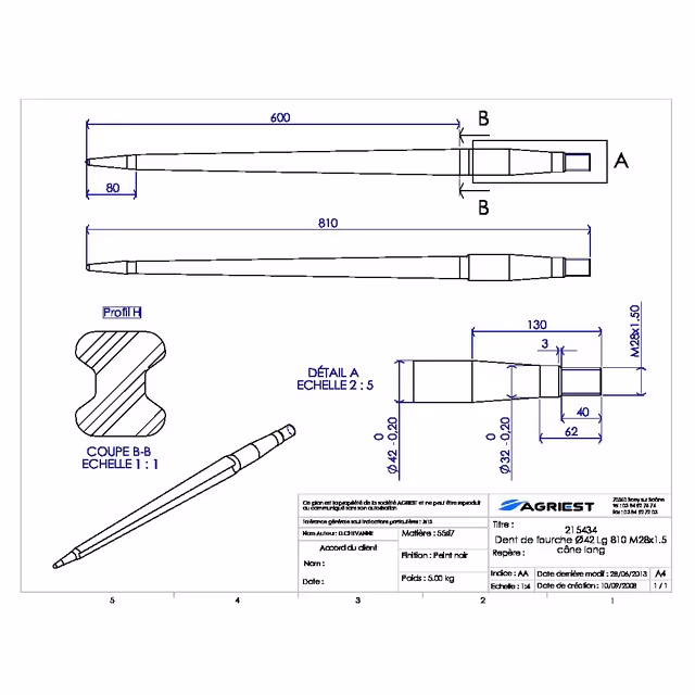 Dent de fourche ø42 lg 810 m28x1.5 cl profil h