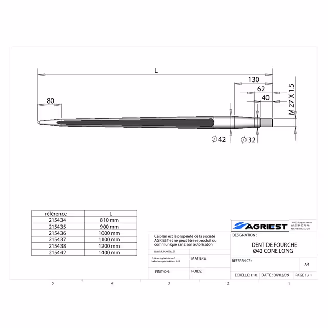 Dent de fourche ø42 lg 900 m28x1.5 cl profil h