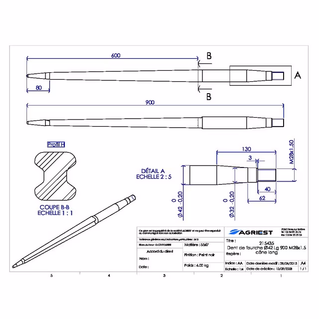 Dent de fourche ø42 lg 900 m28x1.5 cl profil h