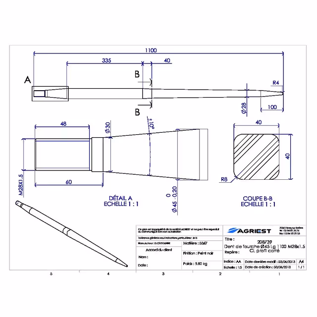 Dent de fourche ø45 lg 1100 m28x1.5 cl profil carre