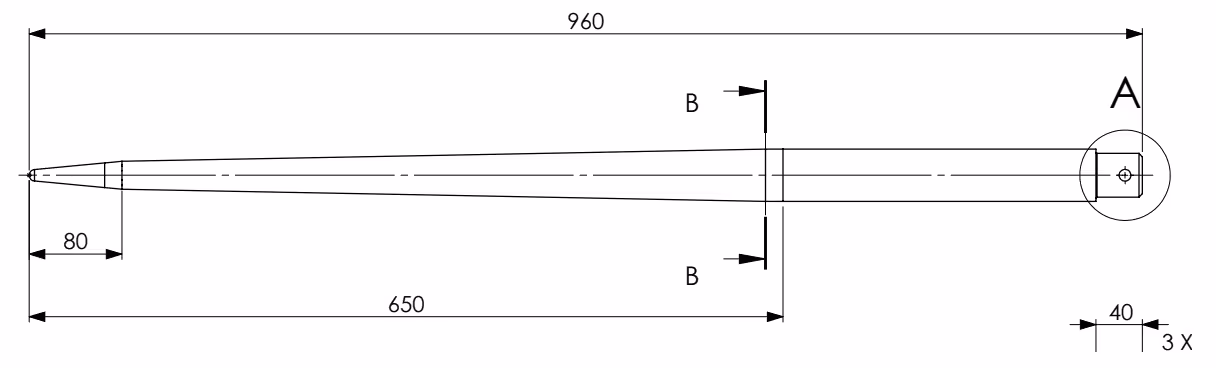 Dent de fourche ø45 lg 1160 percee ø10