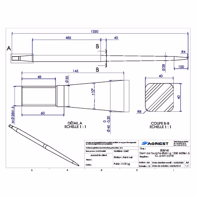 Dent de fourche ø45 lg 1250 m28x1.5 cl profil carre