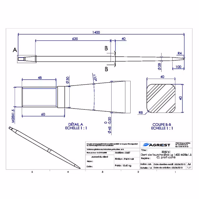 Dent de fourche ø45 lg 1400 m28x1.5 cl profil carre