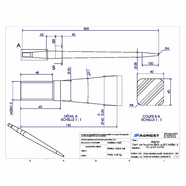 Dent de fourche ø45 lg 810 m28x1.5 cl profil carre