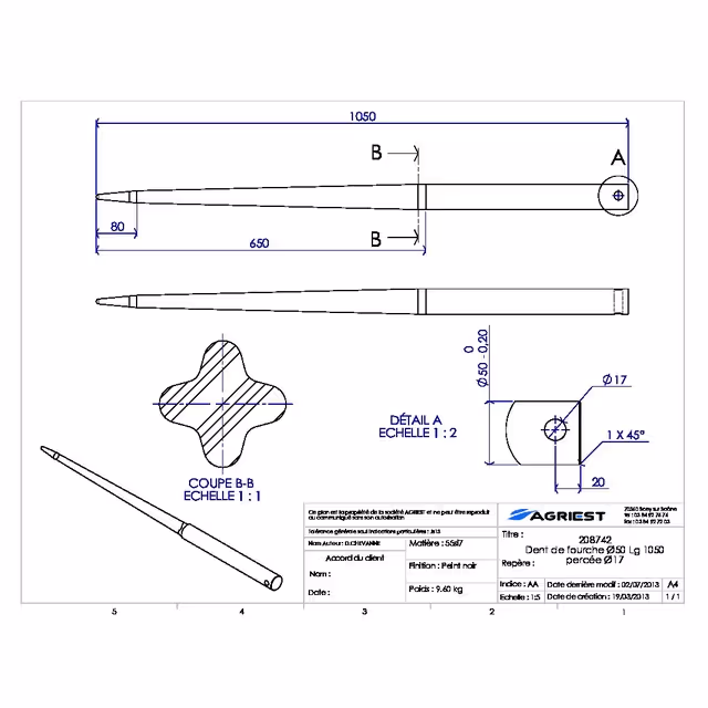Dent de fourche ø50 lg 1050 percee ø17