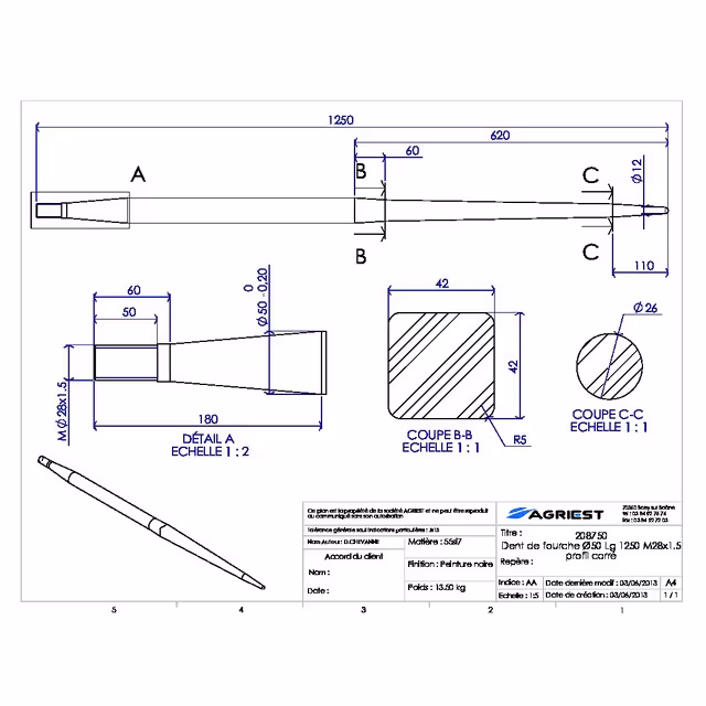 Dent de fourche ø50 lg 1250 m28x1.5 profil carre