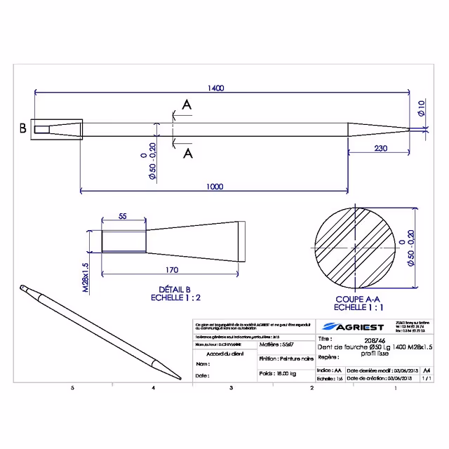 Dent de fourche ø50 lg 1400 m28x1.5 profil lisse
