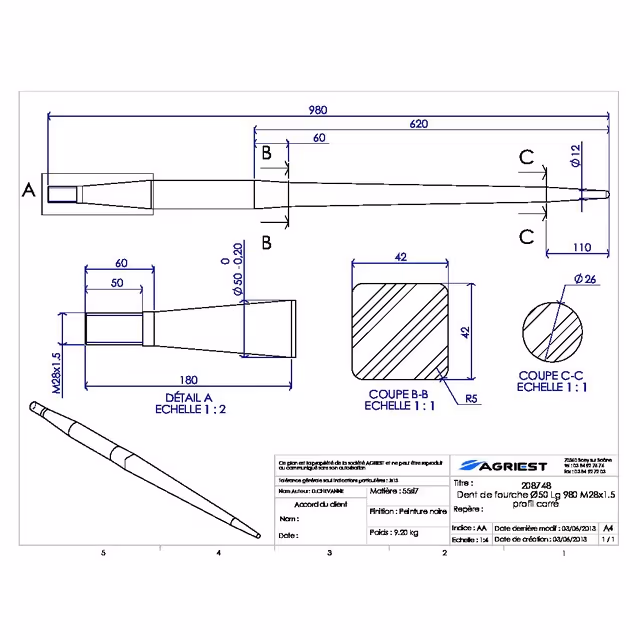 Dent de fourche ø50 lg 980 m28x1.5 profil carre