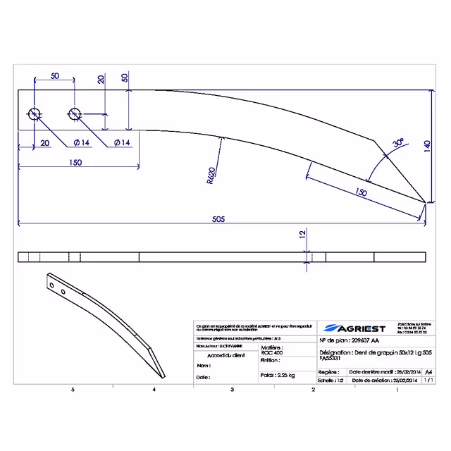 Dent de grappin 50x12 lg 505 fx 55331 courbee 140