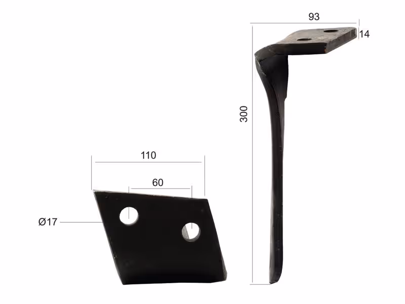 Dent de herse rotative Alpego. 110x14x300mm Droit. Entre-axe: 60mm. Ø trou 17mm. Correspond à: DO06700D