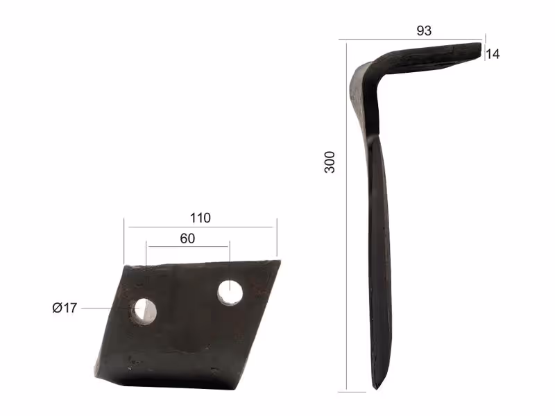 Dent de herse rotative Alpego. 110x14x300mm Gauche. Entre-axe: 60mm. Ø trou 17mm. Correspond à: DO06701S