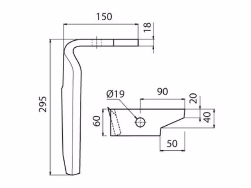 Dent de herse rotative Amazone. 60x18x295mm Droit. Entre-axe: Ø trou 19mm. Correspond à: 954426S