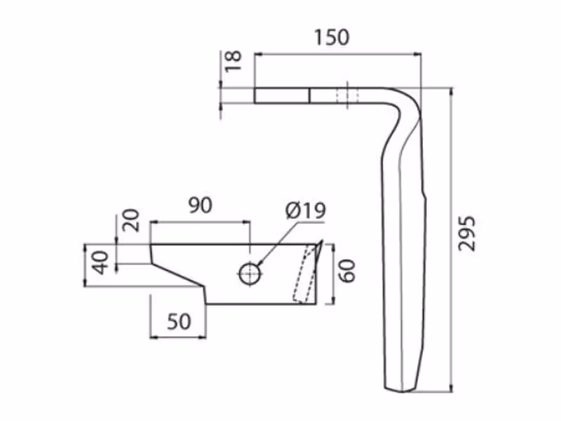 Dent de herse rotative Amazone. 60x18x295mm Gauche. Entre-axe: Ø trou 19mm. Correspond à: 954427S - Adaptable sur herses rotatives Amazone - ref RH-AMA-04L