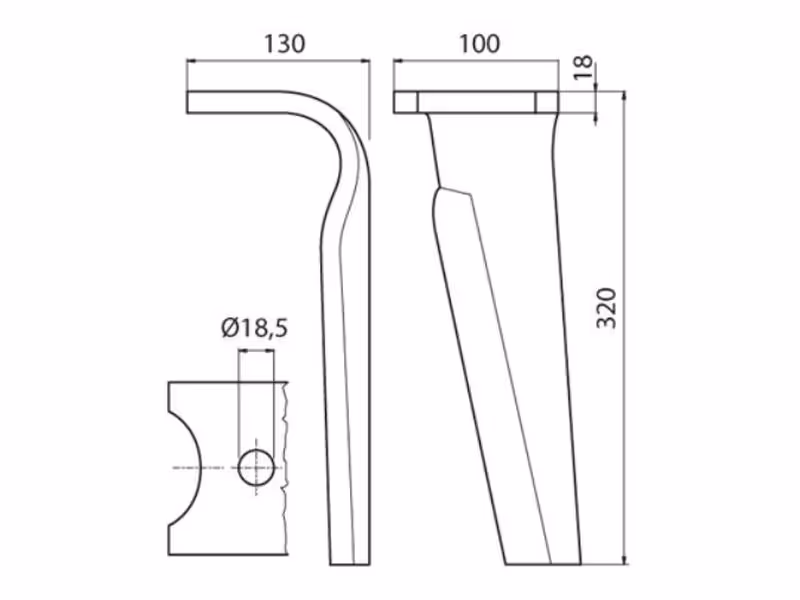 Dent de herse rotative Kverneland. 100x18x320mm Droit. Entre-axe: Ø trou 18.5mm. Correspond à: MA44000150