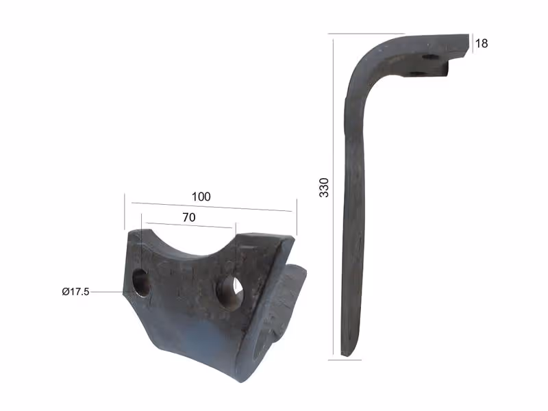 Dent de herse rotative Rabewerk. 100x18x330mm Gauche. Entre-axe: 70mm. Ø trou 17.5mm. Correspond à: KG41 SX