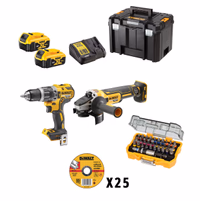 Dewalt | Lot Perceuse Percussion + Meuleuse avec 2 batteries + 20 Disques + Coffret 32 embouts