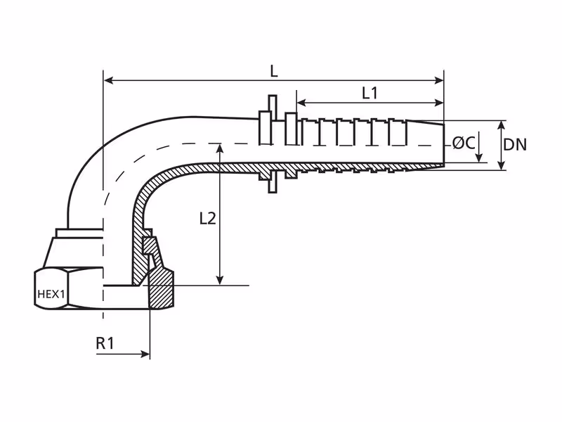 Dicsa côtes métriques 24°/60° Raccord à Sertir 3/8'' x M16 x 1.5 (10L) Filetage femelle Embout tournant 90°