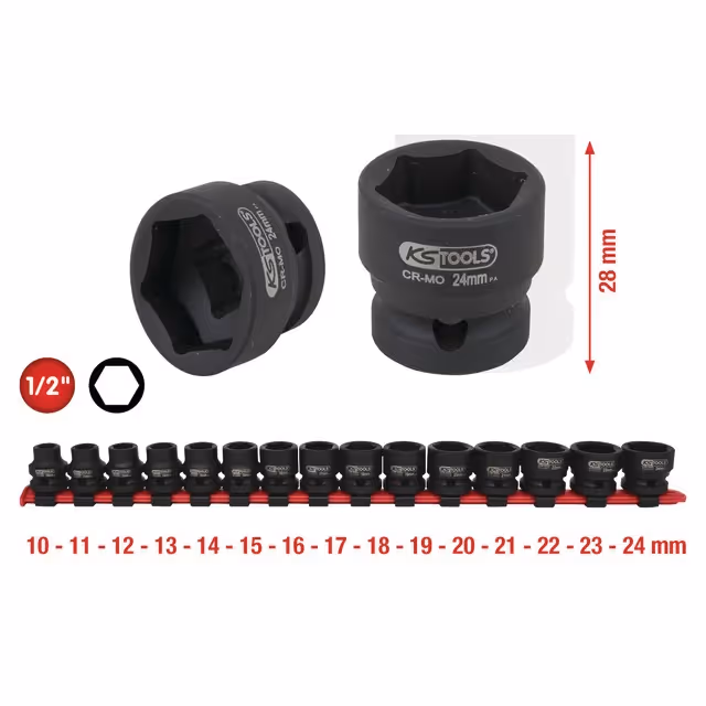 Douilles a choc 1/2" 6 pans extra-courte rail de 15 pieces   ks tools