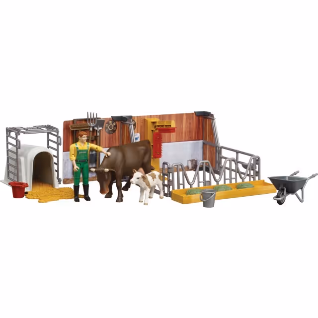 ETABLE VACHE VEAU AGRICULTEUR ET ACCESSOIRES BWORLD AU 1/16EME