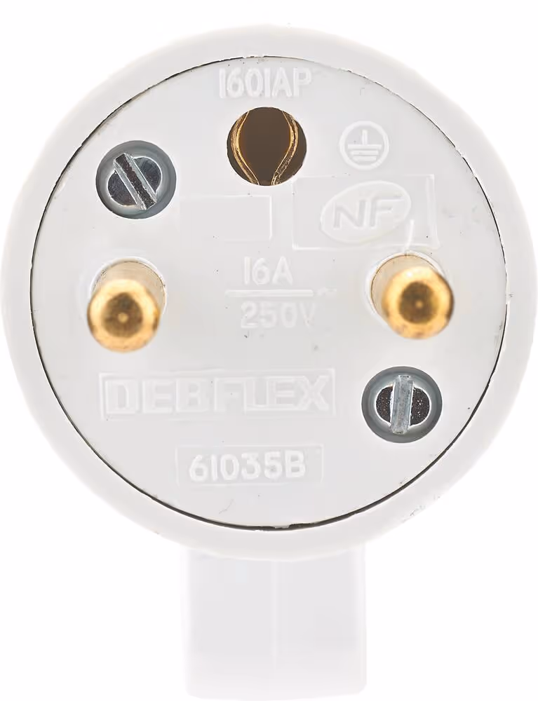 FICHE 2P+T 16A AVEC ANNEAU DE TRACTION - SORTIE DROITE A COIFFE MALE BLANC