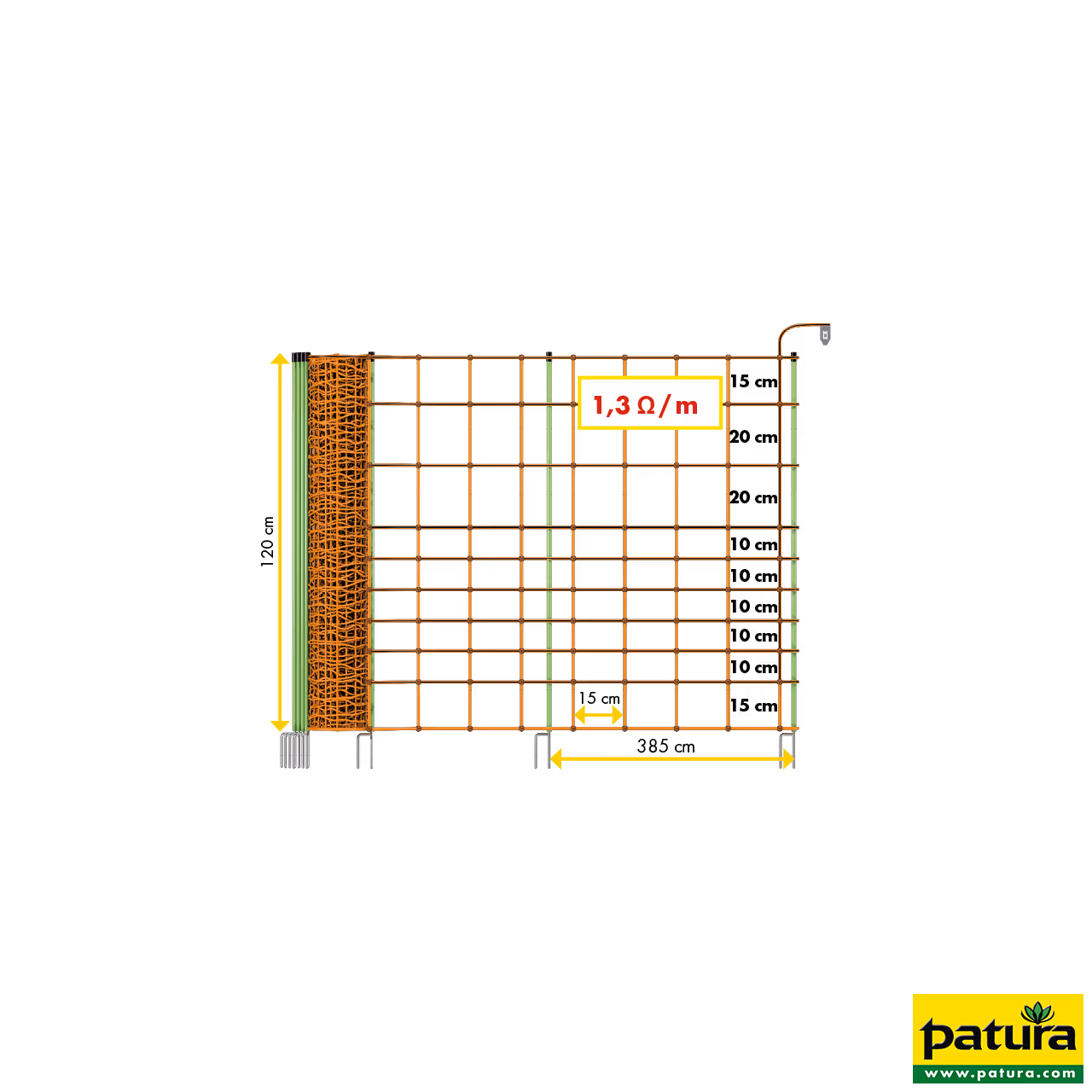 Filet électrifié, 1,20 m hors sol, avec piquets double pointe, 50 m