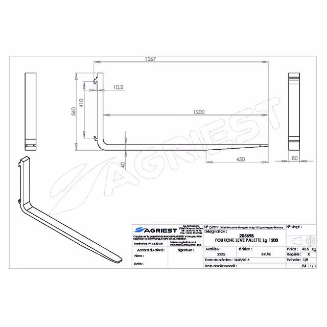 Fourche leve palette lg 1200 chargeur frontaux capacite 2t iso class 2a