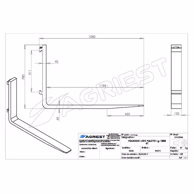 Fourche leve palette lg 1200 chargeur frontaux capacite 4t
