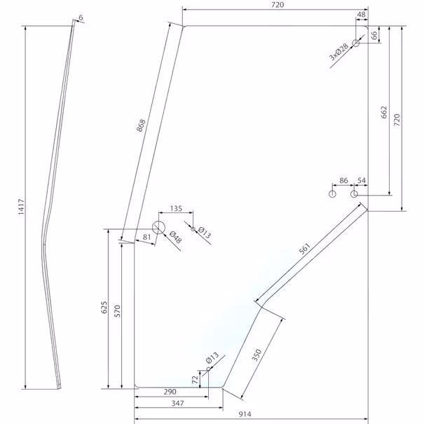 Vitre de porte gauche 6 trous 144950A1 Adaptable