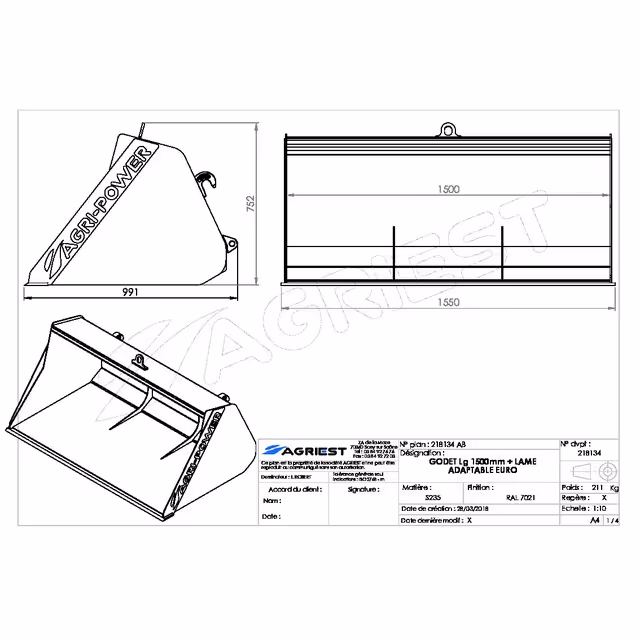 Godet frontal ap-gf a lame lg1500 euro