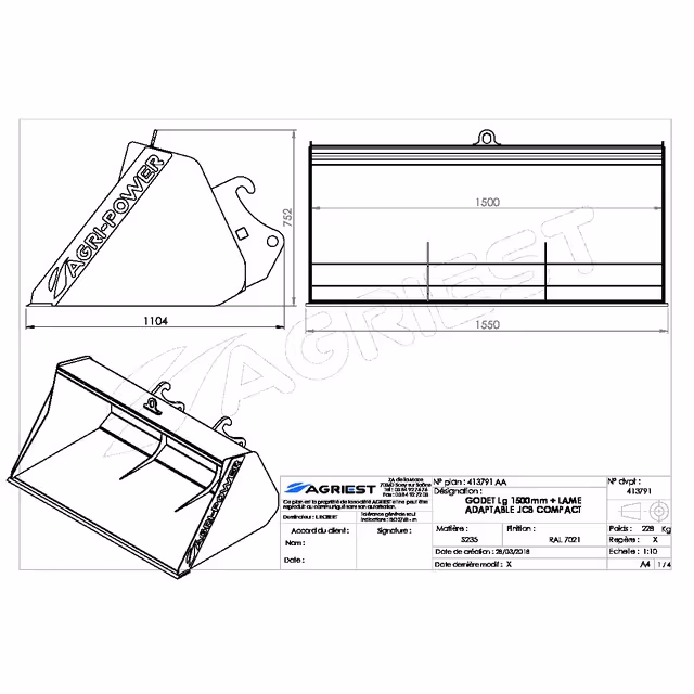 Godet frontal ap-gf a lame lg1500 jcb compact