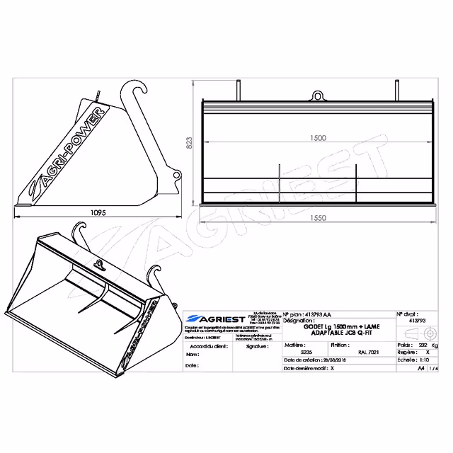 Godet frontal ap-gf a lame lg1500 jcb q-fit