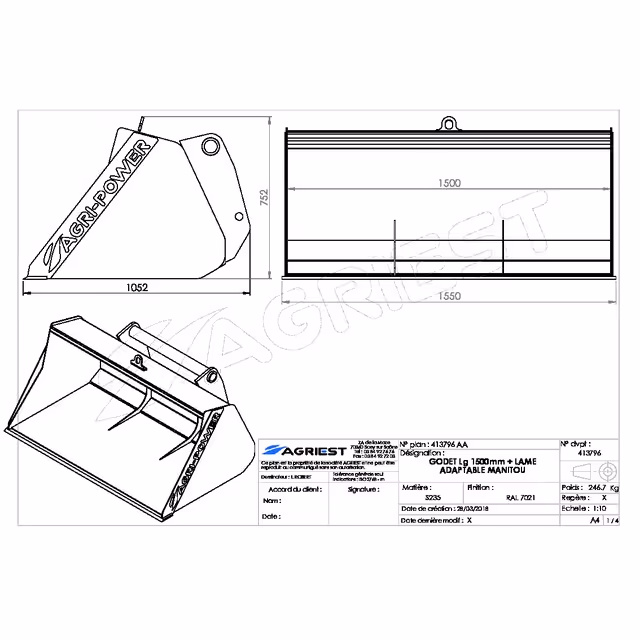 Godet frontal ap-gf a lame lg1500 manitou