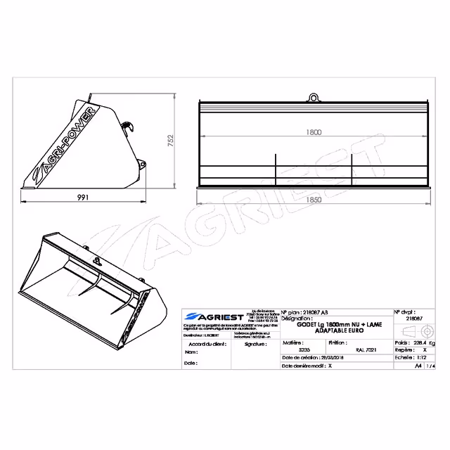 Godet frontal ap-gf a lame lg1800 euro