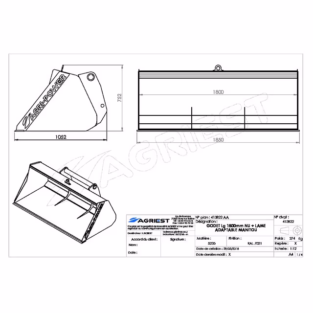 Godet frontal ap-gf a lame lg1800 manitou