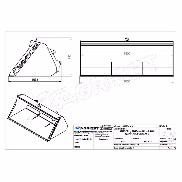 Godet frontal ap-gf a lame lg1800 quicke 3