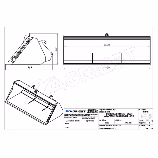 Godet frontal ap-gf a lame lg2100 faucheux std