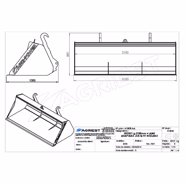 Godet frontal ap-gf a lame lg2100 jcb q-fit reg