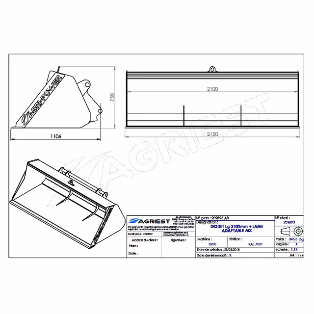 Godet frontal ap-gf a lame lg2100 mailleux