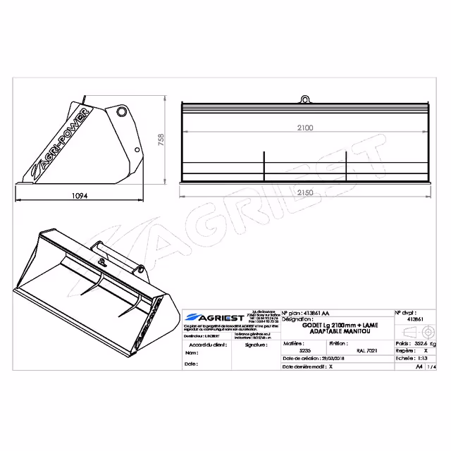Godet frontal ap-gf a lame lg2100 manitou