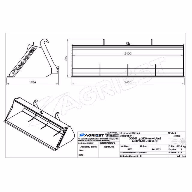 Godet frontal ap-gf a lame lg2400 jcb q-fit