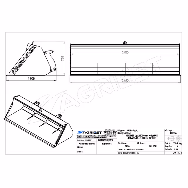 Godet frontal ap-gf a lame lg2400 john deere