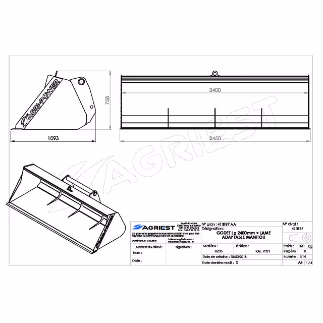 Godet frontal ap-gf a lame lg2400 manitou