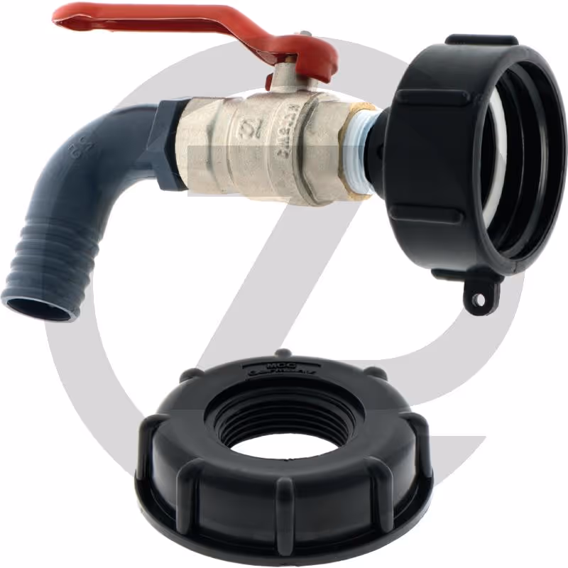 Vanne à boisseau sphérique - avec adaptateur IBC S 60 x 6 et buse de tuyau Ø 25 mm pour une utilisation sur conteneur IBC