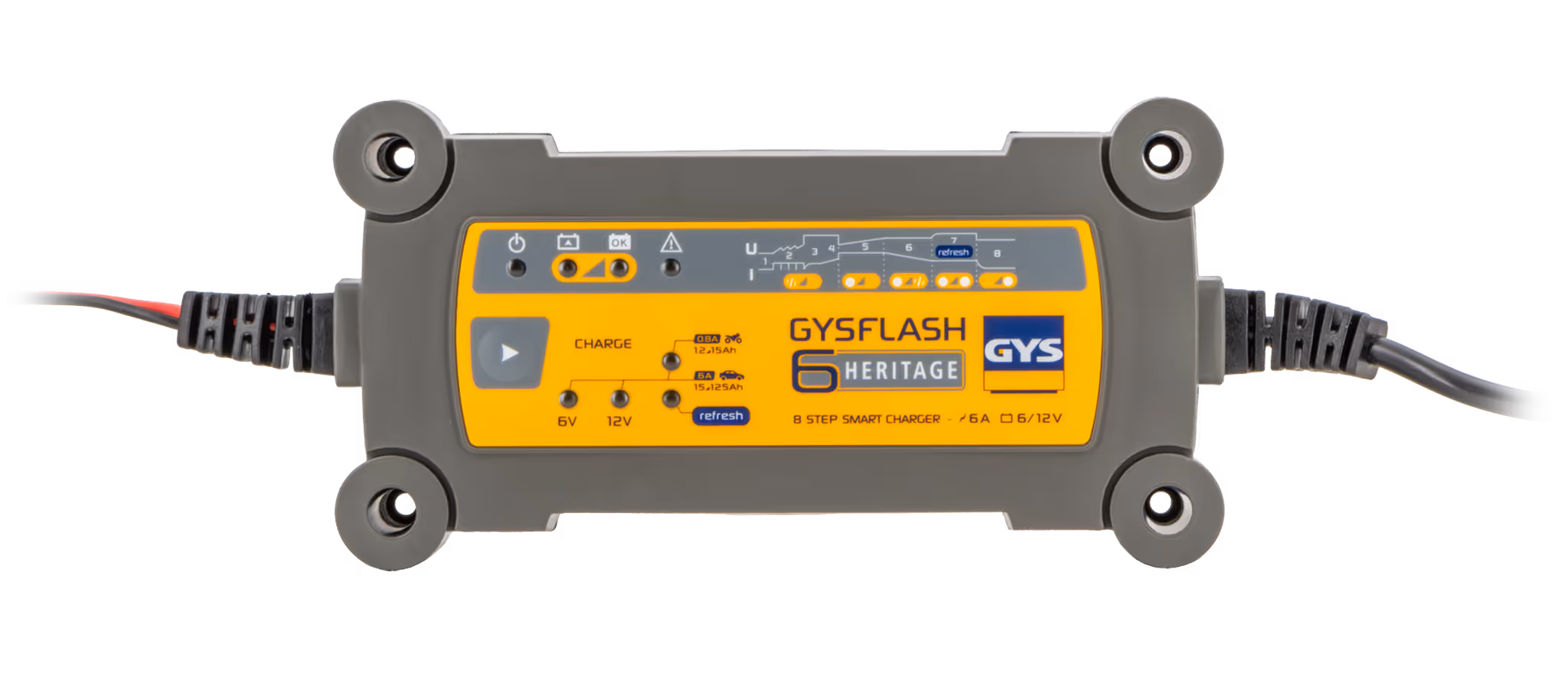 GYS - GYSFLASH HERITAGE 6A - Chargeur de batterie intelligent Plomb (VRLA, AGM, SLA, Gel, Liquide, EFB) - 0,8A/6A - Véhicules 12V (Moto, Auto de collection) - Maintien de charge sécurisé - Désulfatation (SOS Recovery) - IP65