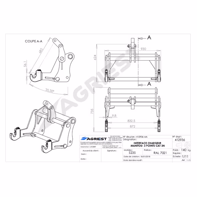 Interface chargeur manitou-3 pts cat3n