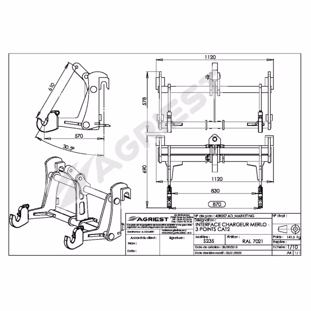 Interface chargeur merlo-3 pts cat2 main cat 2/3
