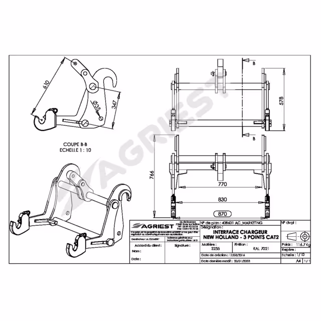Interface chargeur new holland-3 pts cat 2 main cat 2/3