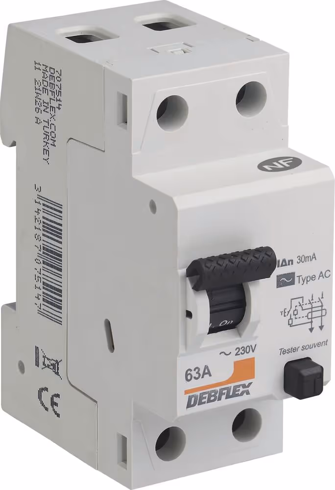 INTERRUPTEUR DIFFERENTIEL 2P 30MA 63A 2 MODULES TYPE AC GRIS CLAIR