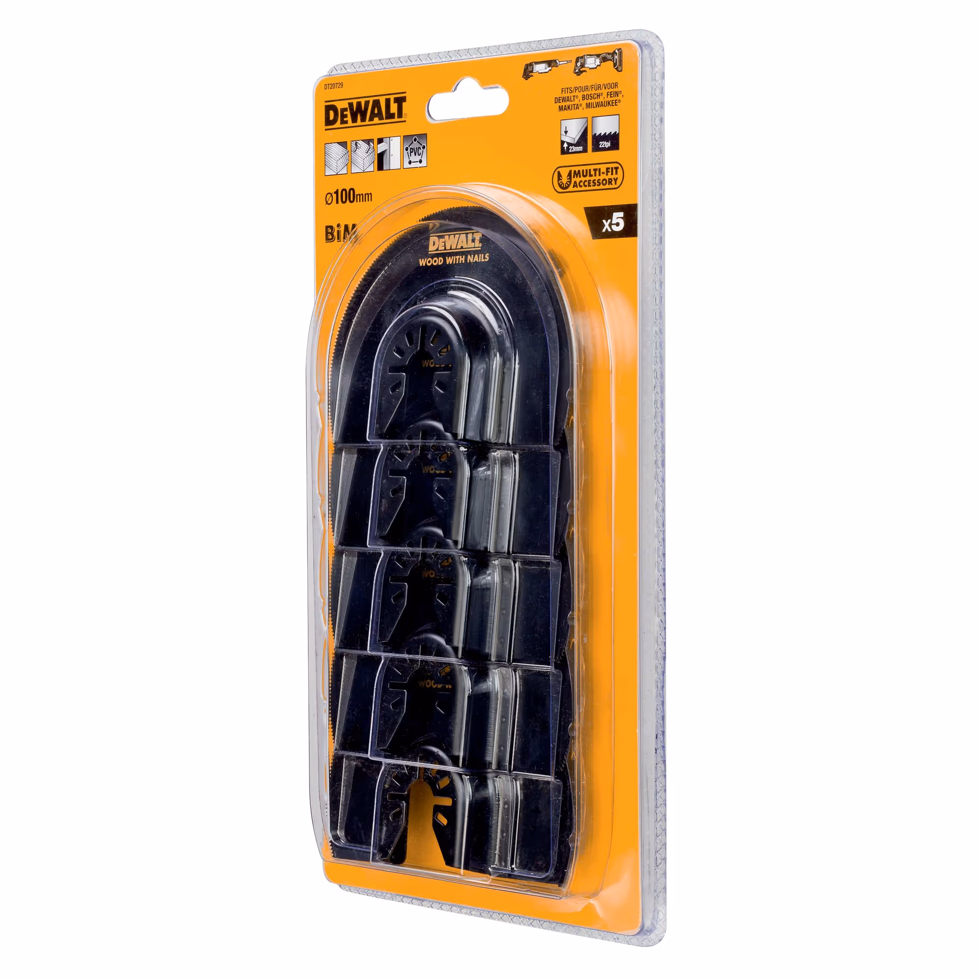 Jeu de 5 lames Ø100 mm BiM semi circulaire moyeu déporté pour multi-cutter. Bois, bois avec clous, plaque de plâtre, PVC